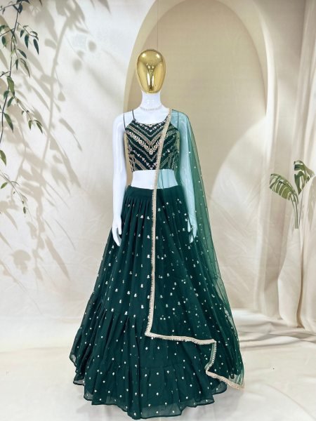 Sophisticated Green Embroidered Georgette Lehenga with Lace Border Dupatta for Festive Wear Designer Lehenga Choli