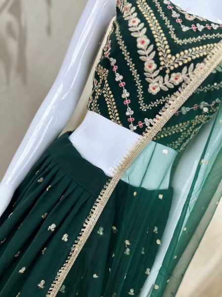 Sophisticated Green Embroidered Georgette Lehenga with Lace Border Dupatta for Festive Wear Designer Lehenga Choli