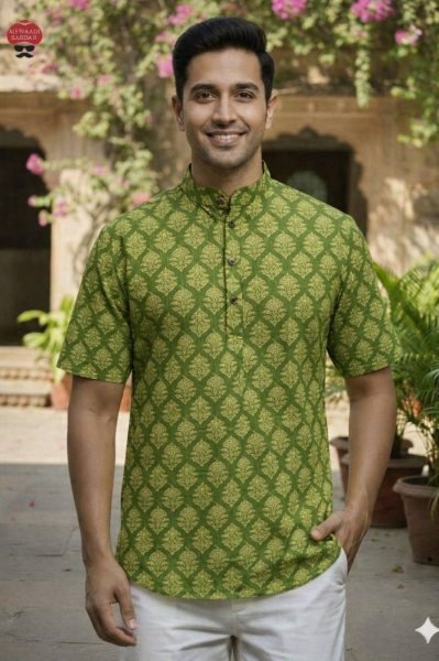 Sophisticated Green Floral Printed Cotton Short Kurta with Half Sleeves Mens Short Kurta