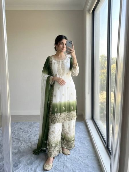Sophisticated Green Ready-to-Wear Georgette Top Palazzo with Embroidered Dupatta Ready To Wear Suit