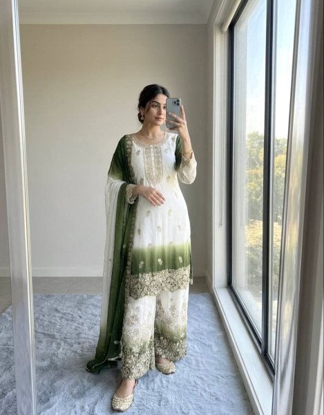 Sophisticated Green Ready-to-Wear Georgette Top Palazzo with Embroidered Dupatta Ready To Wear Collection