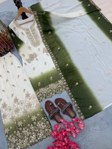 Sophisticated Green Ready-to-Wear Georgette Top Palazzo with Embroidered Dupatta Ready To Wear Collection