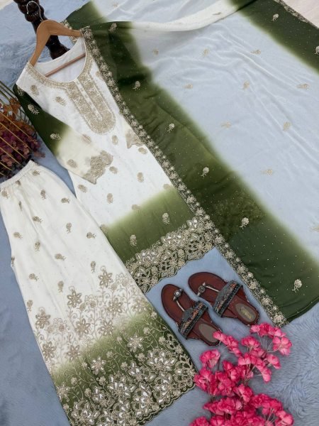 Sophisticated Green Ready-to-Wear Georgette Top Palazzo with Embroidered Dupatta Ready To Wear Collection