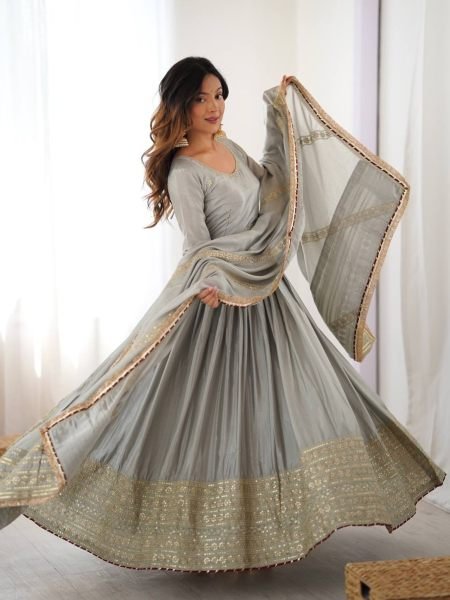 Sophisticated Grey Chinon Top with Thread Sequin Work and Dori Latkan For Festival Ready To Wear Suit