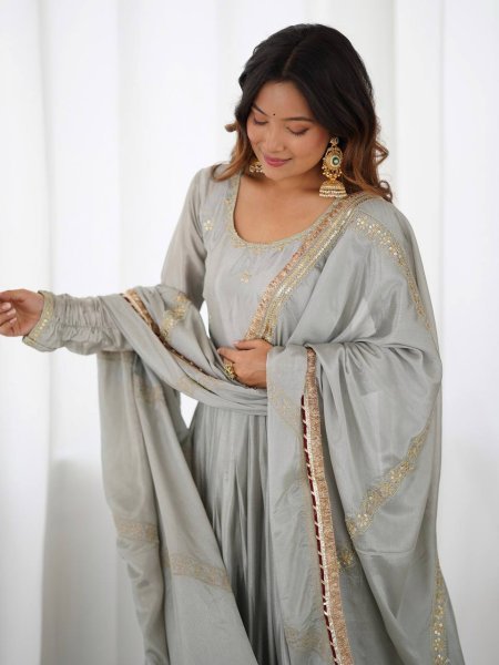 Sophisticated Grey Chinon Top with Thread Sequin Work and Dori Latkan For Festival Ready To Wear Collection