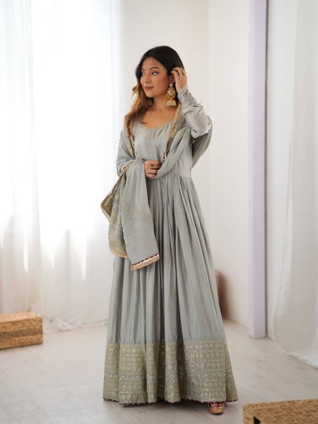 Sophisticated Grey Chinon Top with Thread Sequin Work and Dori Latkan For Festival Ready To Wear Collection