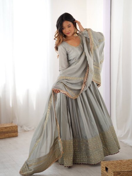 Sophisticated Grey Chinon Top with Thread Sequin Work and Dori Latkan For Festival Ready To Wear Collection
