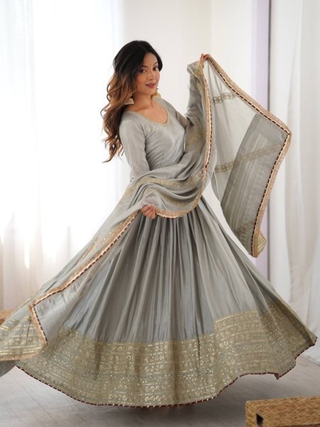 Sophisticated Grey Chinon Top with Thread Sequin Work and Dori Latkan For Festival Ready To Wear Collection