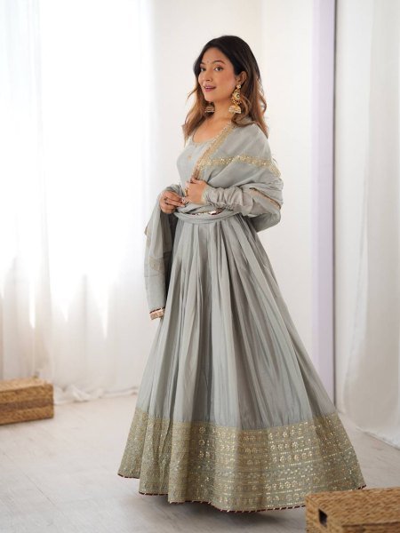 Sophisticated Grey Chinon Top with Thread Sequin Work and Dori Latkan For Festival Ready To Wear Collection