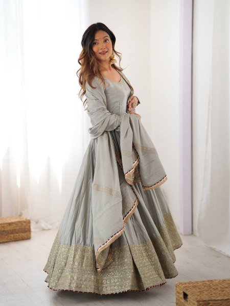 Sophisticated Grey Chinon Top with Thread Sequin Work and Dori Latkan For Festival Ready To Wear Collection