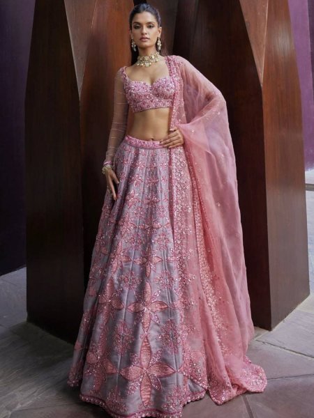 Sophisticated Grey Pink Pastel Thai Silk Lehenga Choli with Sequins Dori Thread Work 