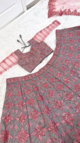 Sophisticated Grey Pink Pastel Thai Silk Lehenga Choli with Sequins Dori Thread Work Designer Lehenga Choli