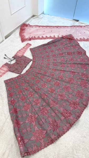 Sophisticated Grey Pink Pastel Thai Silk Lehenga Choli with Sequins Dori Thread Work Designer Lehenga Choli