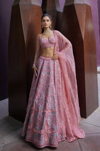 Sophisticated Grey Pink Pastel Thai Silk Lehenga Choli with Sequins Dori Thread Work Designer Lehenga Choli