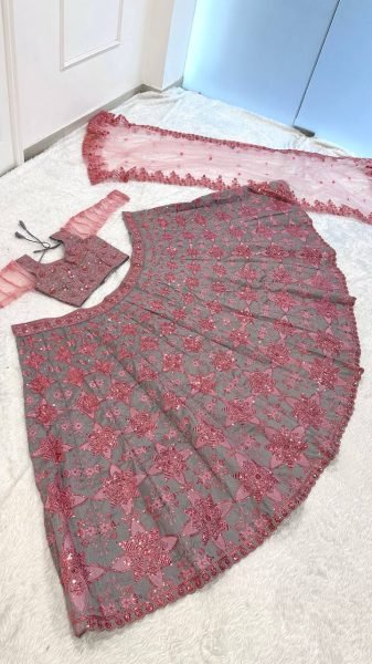 Sophisticated Grey Pink Pastel Thai Silk Lehenga Choli with Sequins Dori Thread Work Designer Lehenga Choli