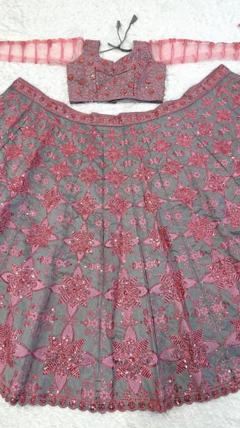 Sophisticated Grey Pink Pastel Thai Silk Lehenga Choli with Sequins Dori Thread Work Designer Lehenga Choli