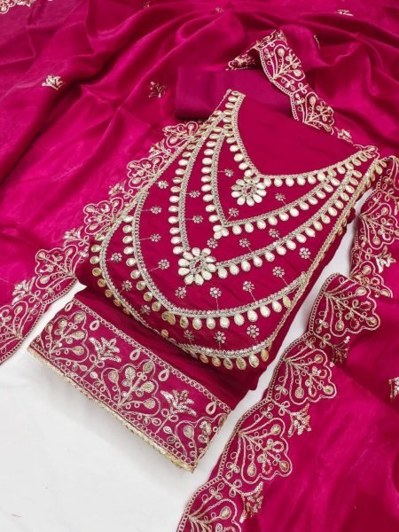 Sophisticated Hot Pink Designer Fandy Satin Salwar Suit Set for Women Collection Dress Material 