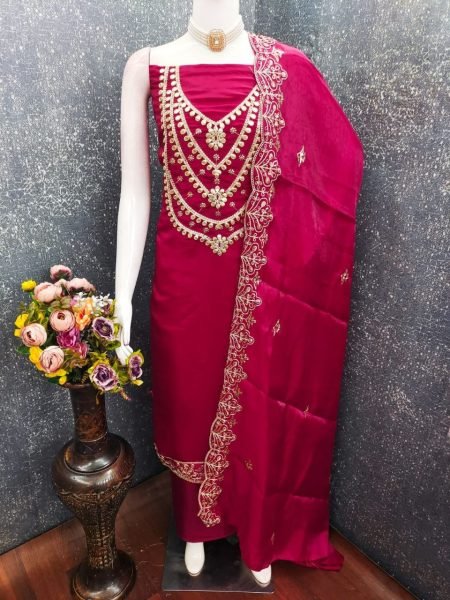 Sophisticated Hot Pink Designer Fandy Satin Salwar Suit Set for Women Collection Color Set Matching Dress Material Wholesale