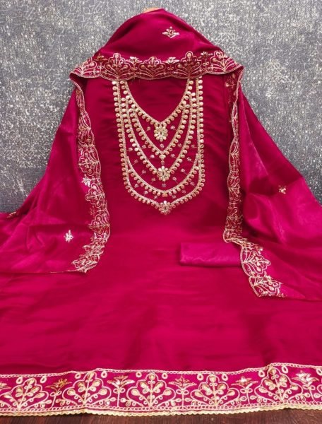 Sophisticated Hot Pink Designer Fandy Satin Salwar Suit Set for Women Collection Color Set Matching Dress Material Wholesale