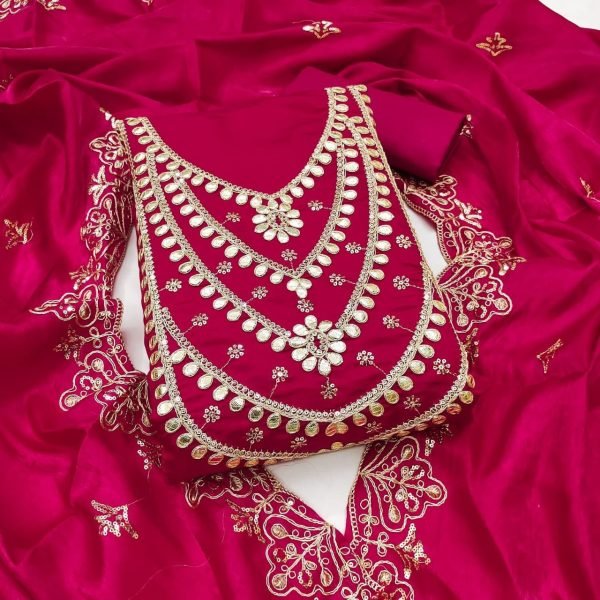 Sophisticated Hot Pink Designer Fandy Satin Salwar Suit Set for Women Collection Color Set Matching Dress Material Wholesale