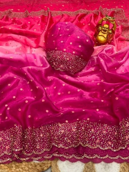 Sophisticated Hot Pink Space Silk Designer Saree with Butti Stone Detailing for Wedding 