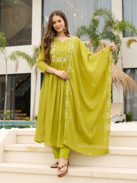 Sophisticated Lemon Yellow Chinon Flared Kurti Pant Dupatta Set for Women Kurtis
