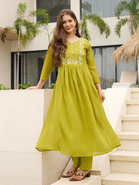 Sophisticated Lemon Yellow Chinon Flared Kurti Pant Dupatta Set for Women Anarkali Kurtis 
