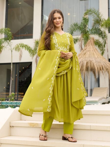 Sophisticated Lemon Yellow Chinon Flared Kurti Pant Dupatta Set for Women Anarkali Kurtis 