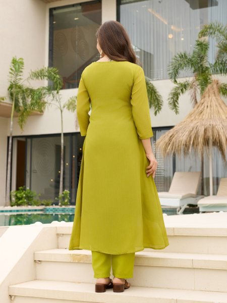 Sophisticated Lemon Yellow Chinon Flared Kurti Pant Dupatta Set for Women Anarkali Kurtis 
