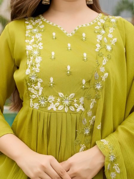 Sophisticated Lemon Yellow Chinon Flared Kurti Pant Dupatta Set for Women Anarkali Kurtis 