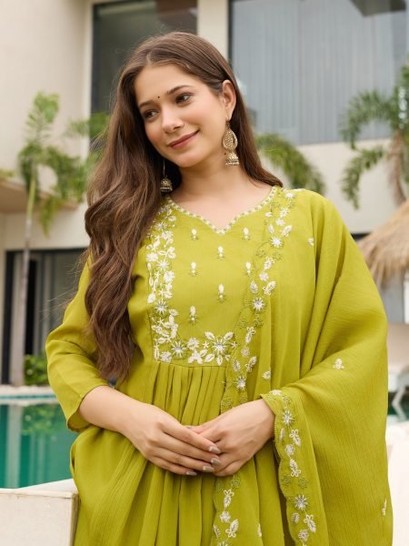 Sophisticated Lemon Yellow Chinon Flared Kurti Pant Dupatta Set for Women Anarkali Kurtis 