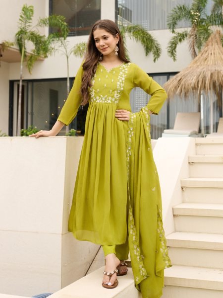 Sophisticated Lemon Yellow Chinon Flared Kurti Pant Dupatta Set for Women Anarkali Kurtis 