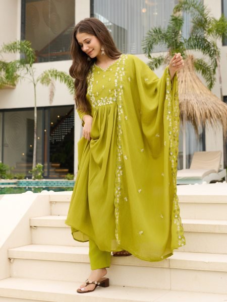 Sophisticated Lemon Yellow Chinon Flared Kurti Pant Dupatta Set for Women Anarkali Kurtis 
