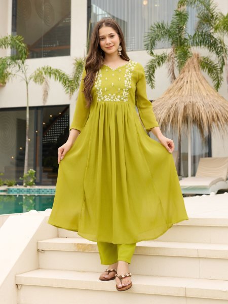 Sophisticated Lemon Yellow Chinon Flared Kurti Pant Dupatta Set for Women Anarkali Kurtis 