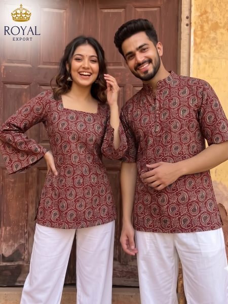 Sophisticated Maroon Cotton Febric Short Kurti And Short Kurta For Couple Wear Couple Combo collection 