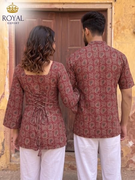 Sophisticated Maroon Cotton Febric Short Kurti And Short Kurta For Couple Wear Couple Combo collection 