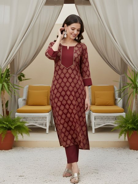 Sophisticated Maroon Cotton Kurta Pant Set for Daily Wear Women Kurtis