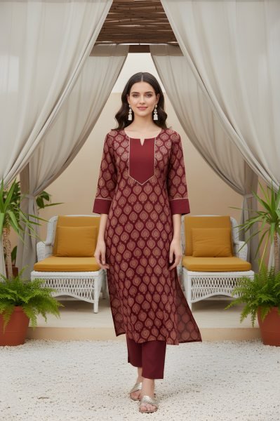 Sophisticated Maroon Cotton Kurta Pant Set for Daily Wear Women  Straight Cut Long Kurtis