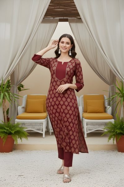 Sophisticated Maroon Cotton Kurta Pant Set for Daily Wear Women  Straight Cut Long Kurtis