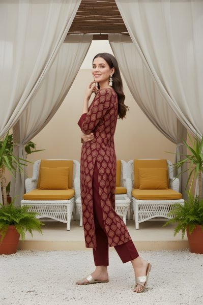 Sophisticated Maroon Cotton Kurta Pant Set for Daily Wear Women  Straight Cut Long Kurtis