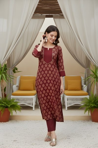 Sophisticated Maroon Cotton Kurta Pant Set for Daily Wear Women  Straight Cut Long Kurtis
