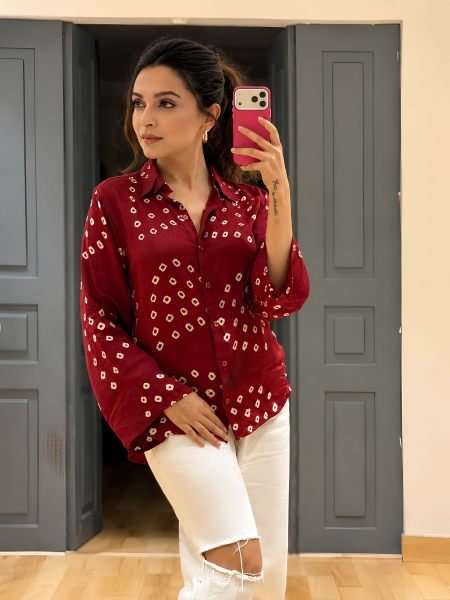 Sophisticated Maroon Printed Satin Shirt for Women with Trendy Design Kurtis
