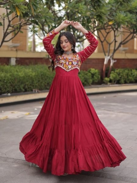 Sophisticated Maroon Rayon Gown with Mukaish Gamthi Embroidery and Mirror Work 