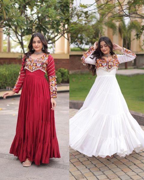 Sophisticated Maroon Rayon Gown with Mukaish Gamthi Embroidery and Mirror Work Anarkali Kurtis 