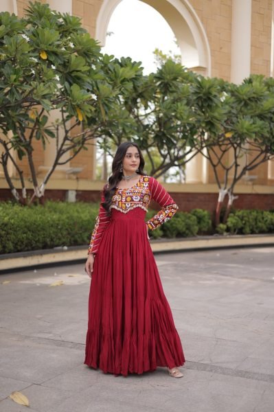 Sophisticated Maroon Rayon Gown with Mukaish Gamthi Embroidery and Mirror Work Anarkali Kurtis 