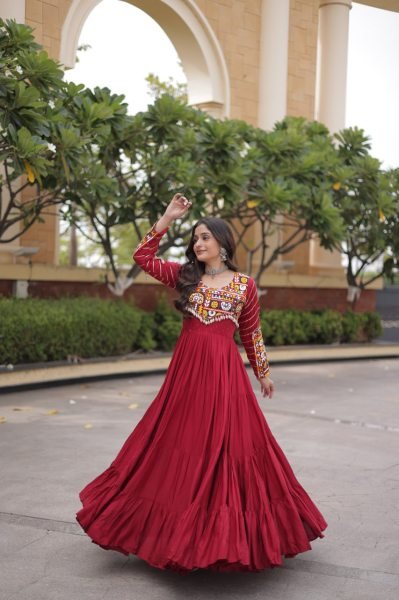 Sophisticated Maroon Rayon Gown with Mukaish Gamthi Embroidery and Mirror Work Anarkali Kurtis 