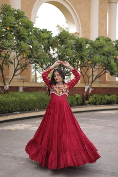 Sophisticated Maroon Rayon Gown with Mukaish Gamthi Embroidery and Mirror Work Anarkali Kurtis 
