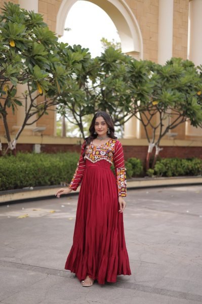 Sophisticated Maroon Rayon Gown with Mukaish Gamthi Embroidery and Mirror Work Anarkali Kurtis 