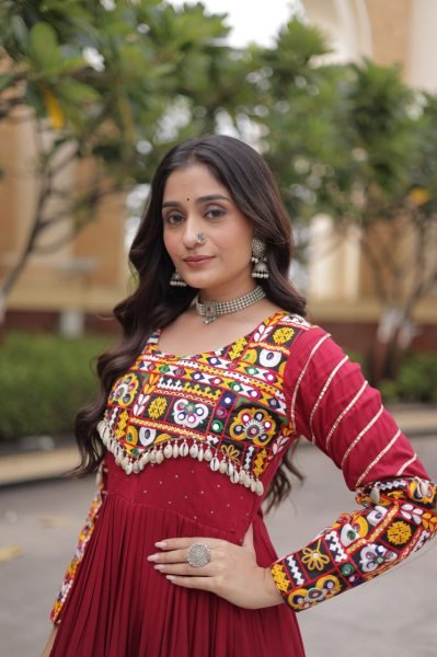 Sophisticated Maroon Rayon Gown with Mukaish Gamthi Embroidery and Mirror Work Anarkali Kurtis 