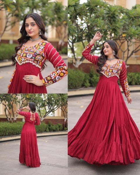 Sophisticated Maroon Rayon Gown with Mukaish Gamthi Embroidery and Mirror Work Anarkali Kurtis 